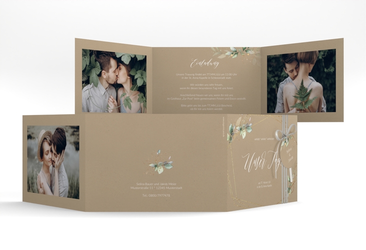 Hochzeitseinladung Greenish A6 Doppel-Klappkarte Kraftpapier hochglanz