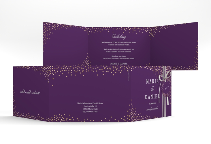 Hochzeitseinladung Glitter A6 Doppel-Klappkarte lila hochglanz