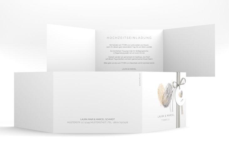 Hochzeitseinladung Fingerprint A6 Doppel-Klappkarte beige hochglanz schlicht mit Fingerabdruck-Motiv