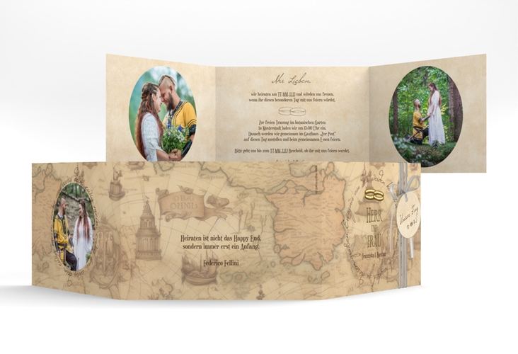 Hochzeitseinladung Zwei Ringe A6 Doppel-Klappkarte mit Eheringen und Fantasy-Landkarte