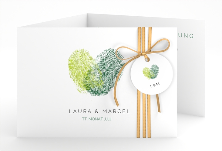 Hochzeitseinladung Fingerprint A6 Doppel-Klappkarte gruen hochglanz schlicht mit Fingerabdruck-Motiv