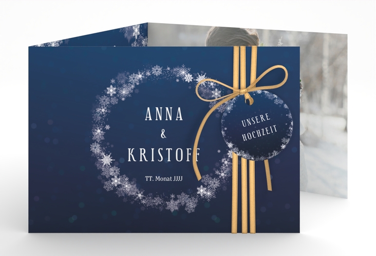 Hochzeitseinladung Winterdream A6 Doppel-Klappkarte blau mit Eisblumen