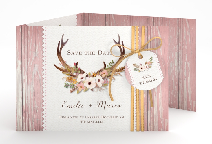 Hochzeitseinladung Heimatjuwel A6 Doppel-Klappkarte rosa mit Hirschgeweih und Holz-Hintergrund