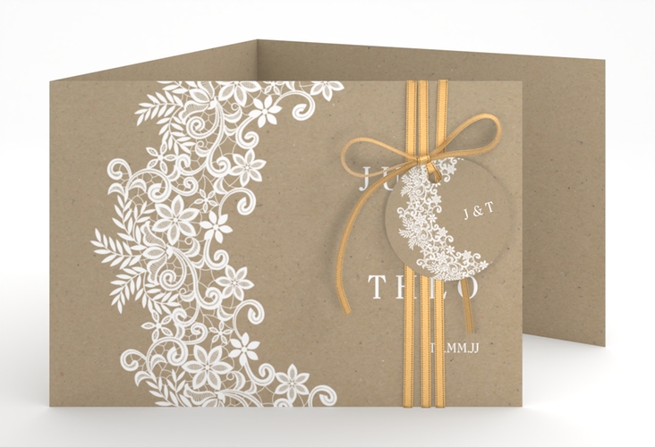 Hochzeitseinladung Mariage A6 Doppel-Klappkarte Kraftpapier hochglanz mit Bogen aus weißer Spitze