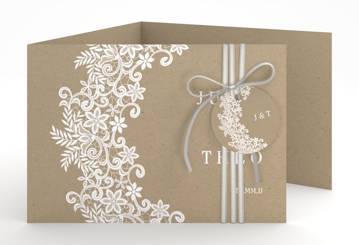 Hochzeitseinladung Mariage A6 Doppel-Klappkarte Kraftpapier hochglanz mit Bogen aus weißer Spitze