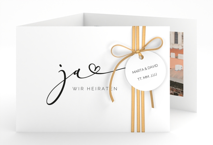Hochzeitseinladung Jawort A6 Doppel-Klappkarte weiss hochglanz modern minimalistisch mit veredelter Aufschrift