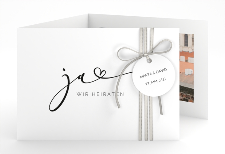 Hochzeitseinladung Jawort A6 Doppel-Klappkarte weiss hochglanz modern minimalistisch mit veredelter Aufschrift