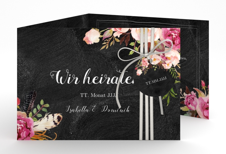 Hochzeitseinladung Flowers A6 Doppel-Klappkarte schwarz hochglanz mit bunten Aquarell-Blumen