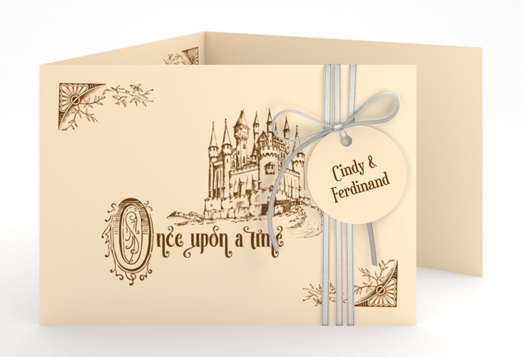 Hochzeitseinladung Storybook A6 Doppel-Klappkarte beige
