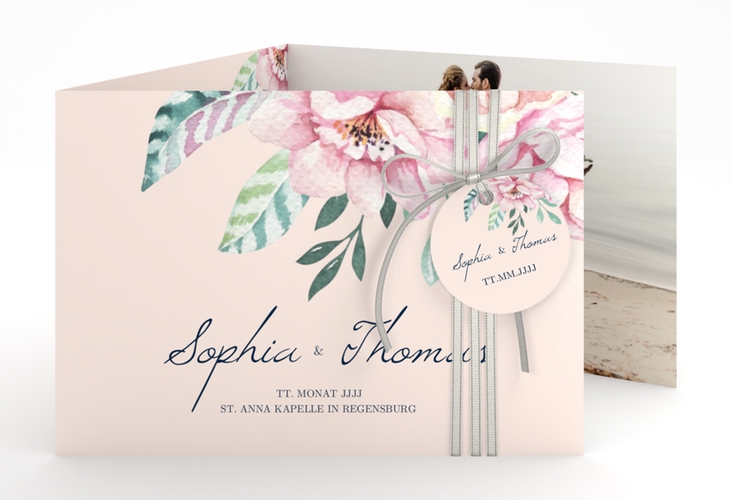 Hochzeitseinladung Blooming A6 Doppel-Klappkarte rosa