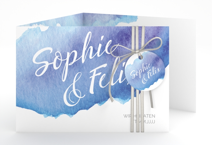 Hochzeitseinladung Aquarella A6 Doppel-Klappkarte blau hochglanz