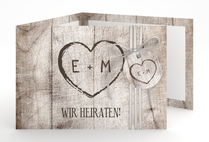 Hochzeitseinladung Wood A6 Doppel-Klappkarte weiss hochglanz