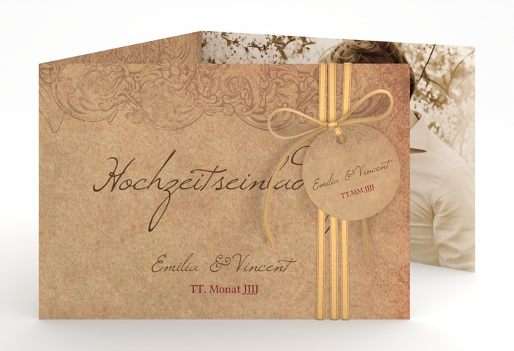 Hochzeitseinladung Fairytale A6 Doppel-Klappkarte braun mit Vintage-Bordüre