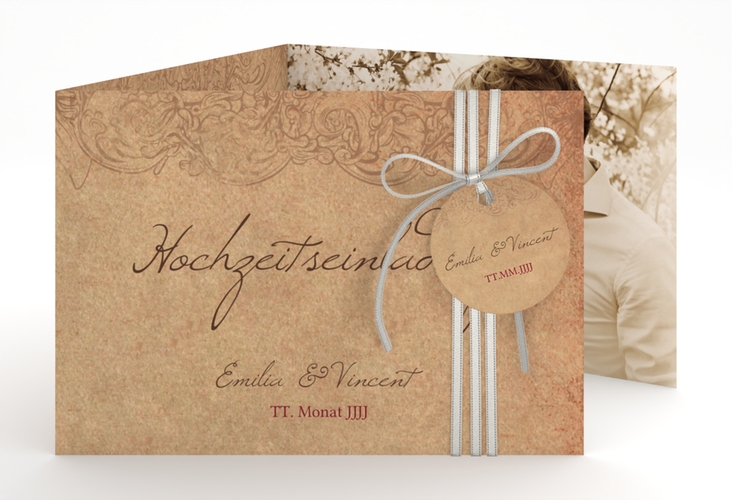 Hochzeitseinladung Fairytale A6 Doppel-Klappkarte braun mit Vintage-Bordüre