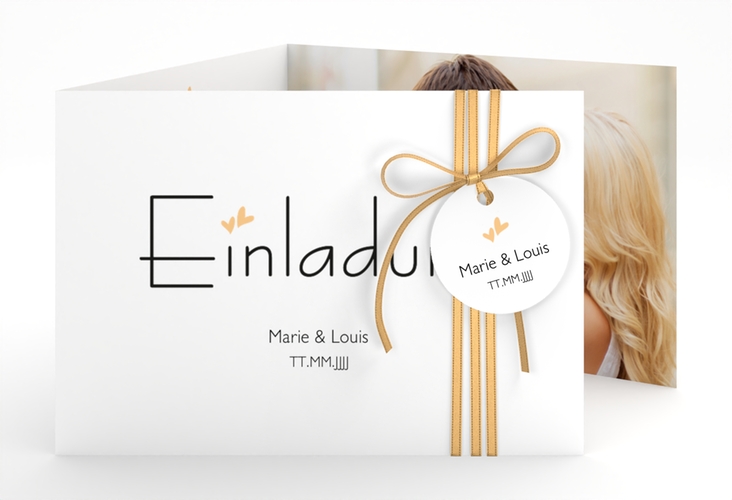 Hochzeitseinladung Twohearts A6 Doppel-Klappkarte beige