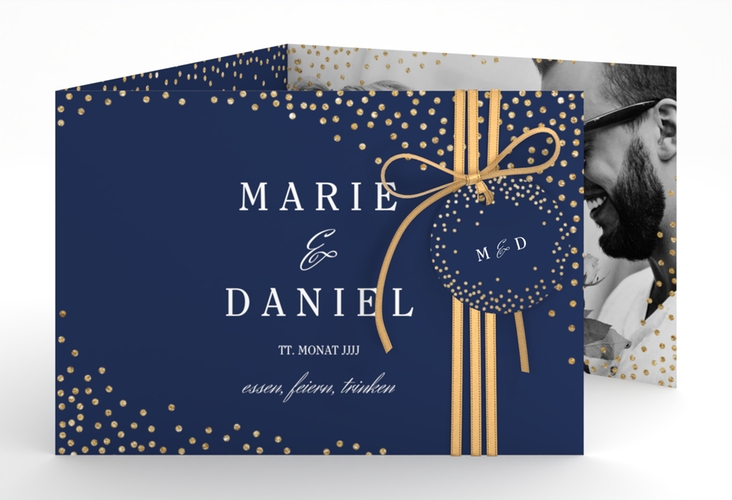 Hochzeitseinladung Glitter A6 Doppel-Klappkarte blau hochglanz