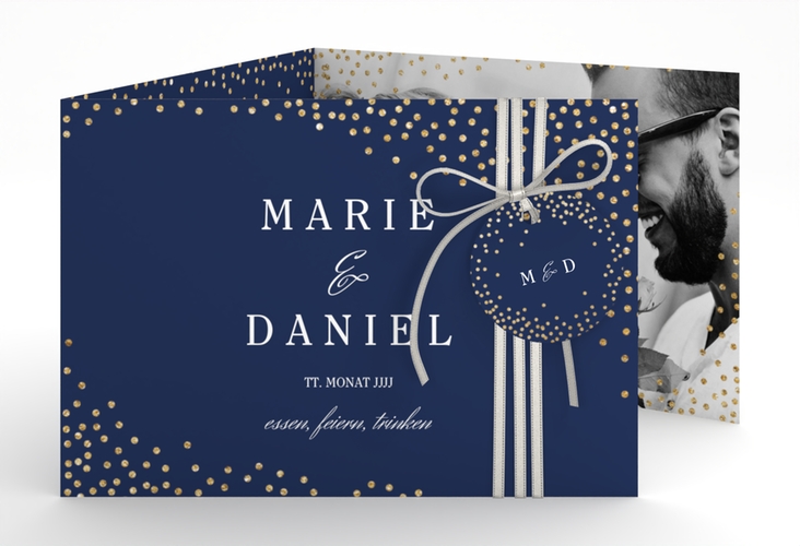 Hochzeitseinladung Glitter A6 Doppel-Klappkarte blau hochglanz