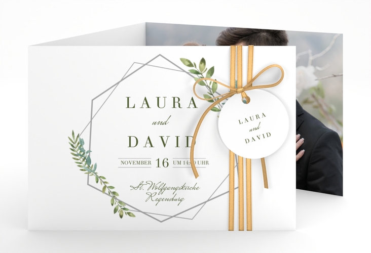 Hochzeitseinladung Herbarium A6 Doppel-Klappkarte grau mit geometrischem Rahmen und Blätter-Dekor