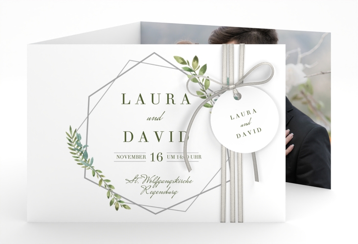 Hochzeitseinladung Herbarium A6 Doppel-Klappkarte grau mit geometrischem Rahmen und Blätter-Dekor