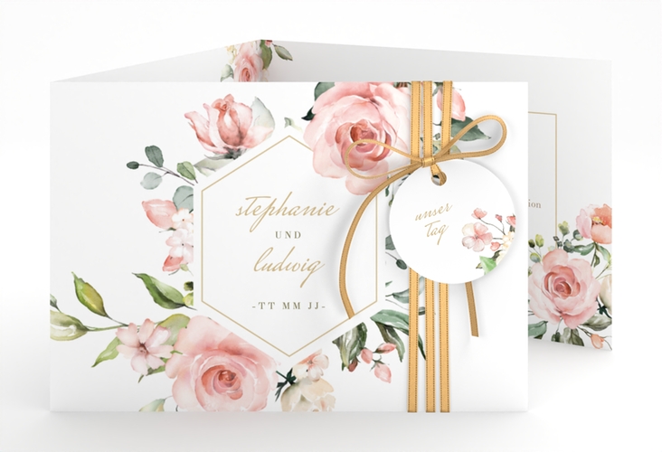 Hochzeitseinladung Graceful A6 Doppel-Klappkarte weiss hochglanz mit Rosenblüten in Rosa und Weiß