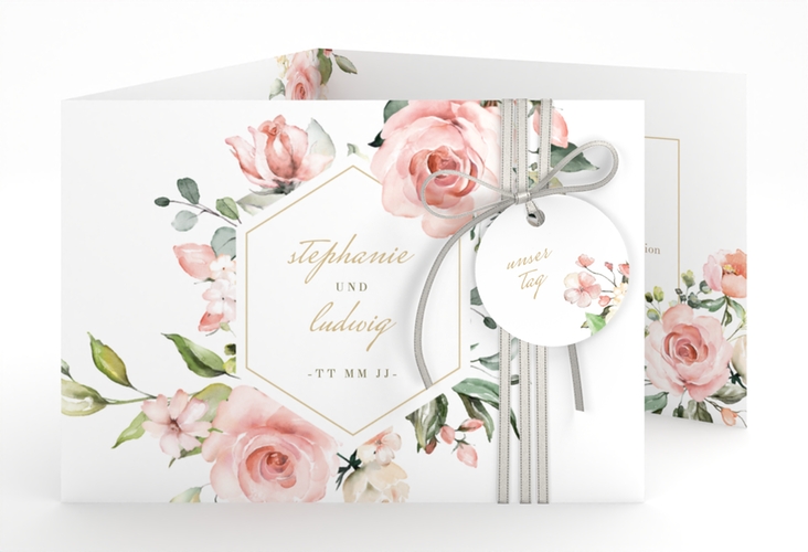 Hochzeitseinladung Graceful A6 Doppel-Klappkarte weiss hochglanz mit Rosenblüten in Rosa und Weiß