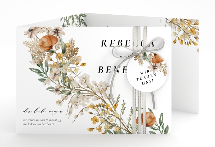 Hochzeitseinladung Wildfang A6 Doppel-Klappkarte weiss hochglanz mit getrockneten Wiesenblumen
