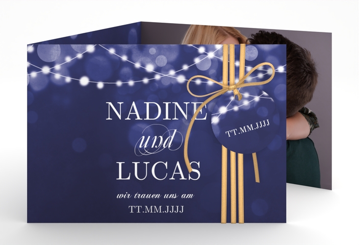 Hochzeitseinladung Lichtspiel A6 Doppel-Klappkarte blau