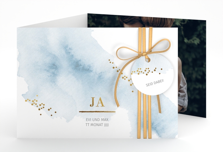 Hochzeitseinladung Pastell A6 Doppel-Klappkarte blau hochglanz