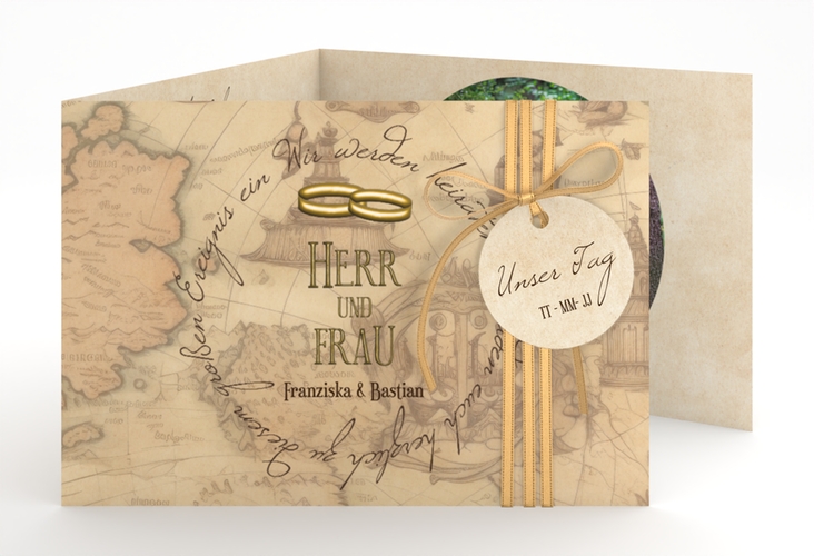 Hochzeitseinladung Zwei Ringe A6 Doppel-Klappkarte beige hochglanz mit Eheringen und Fantasy-Landkarte