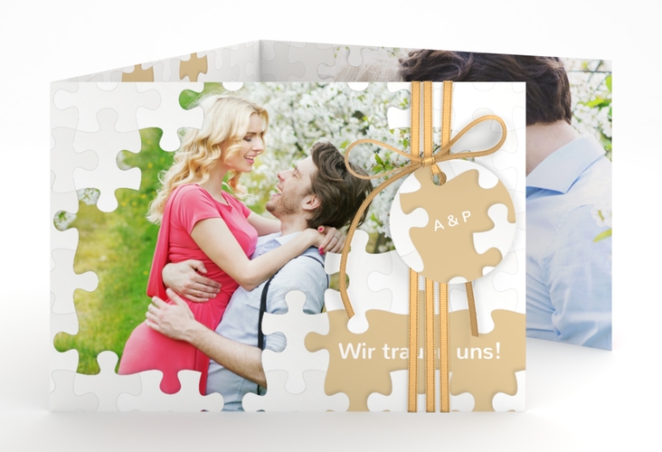 Hochzeitseinladung Puzzle A6 Doppel-Klappkarte beige
