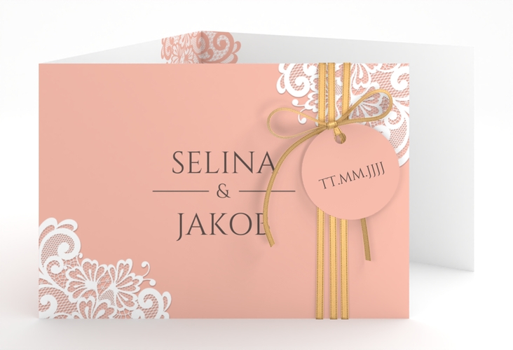 Hochzeitseinladung Vintage A6 Doppel-Klappkarte apricot mit floraler Spitze