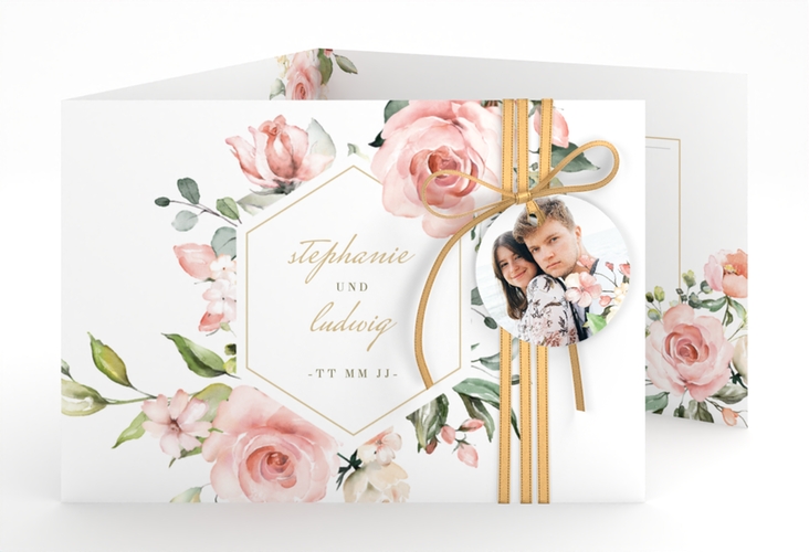 Hochzeitseinladung Graceful A6 Doppel-Klappkarte weiss hochglanz mit Rosenblüten in Rosa und Weiß