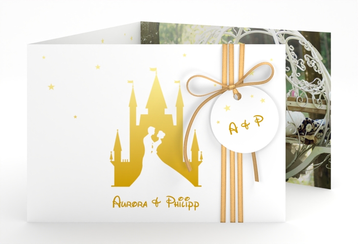 Hochzeitseinladung Castle A6 Doppel-Klappkarte gold