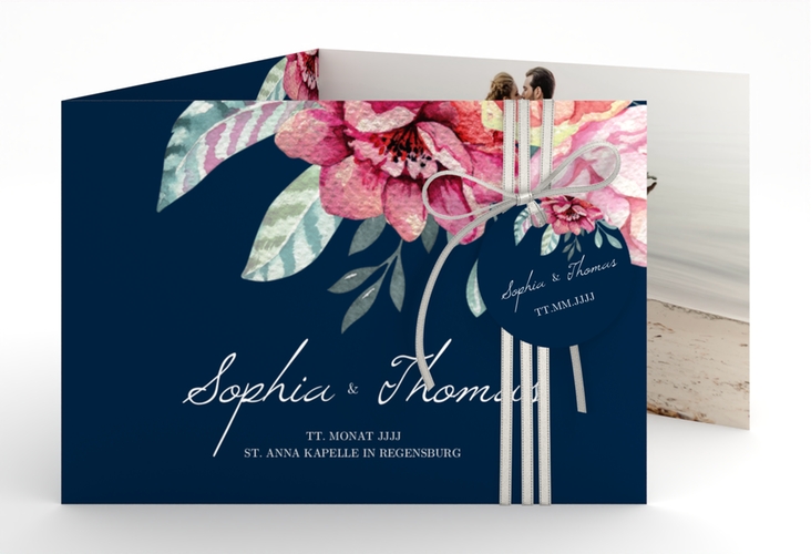 Hochzeitseinladung Blooming A6 Doppel-Klappkarte blau hochglanz