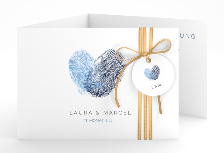 Hochzeitseinladung Fingerprint A6 Doppel-Klappkarte blau hochglanz schlicht mit Fingerabdruck-Motiv