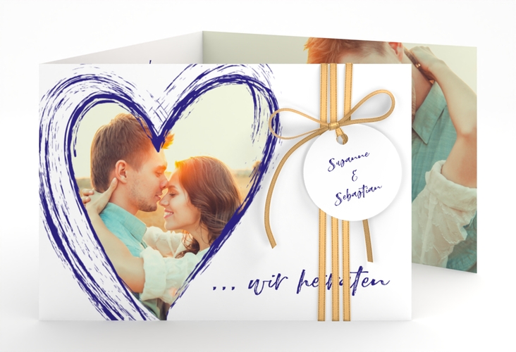 Hochzeitseinladung Liebe A6 Doppel-Klappkarte blau hochglanz