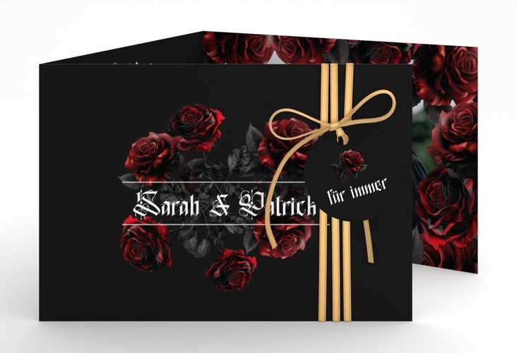 Hochzeitseinladung Gothic Rose A6 Doppel-Klappkarte schwarz hochglanz