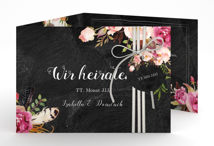 Hochzeitseinladung Flowers A6 Doppel-Klappkarte schwarz mit bunten Aquarell-Blumen
