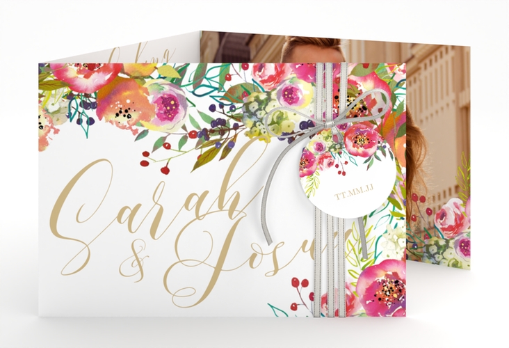 Hochzeitseinladung Flowerbomb A6 Doppel-Klappkarte weiss