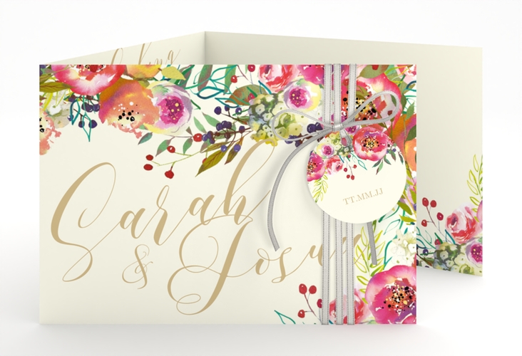 Hochzeitseinladung Flowerbomb A6 Doppel-Klappkarte beige