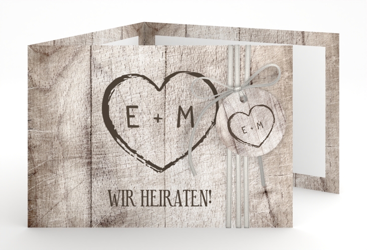 Hochzeitseinladung Wood A6 Doppel-Klappkarte weiss hochglanz