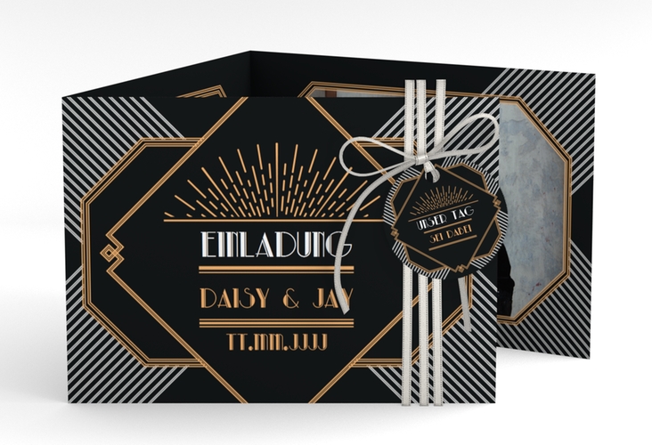 Hochzeitseinladung Gatsby A6 Doppel-Klappkarte schwarz