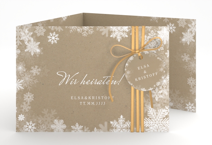 Hochzeitseinladung Snowfall A6 Doppel-Klappkarte Kraftpapier mit Schneeflocken für Winterhochzeit