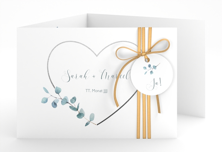Hochzeitseinladung Greenheart A6 Doppel-Klappkarte hochglanz mit elegantem Herz und Eukalyptus-Zweig