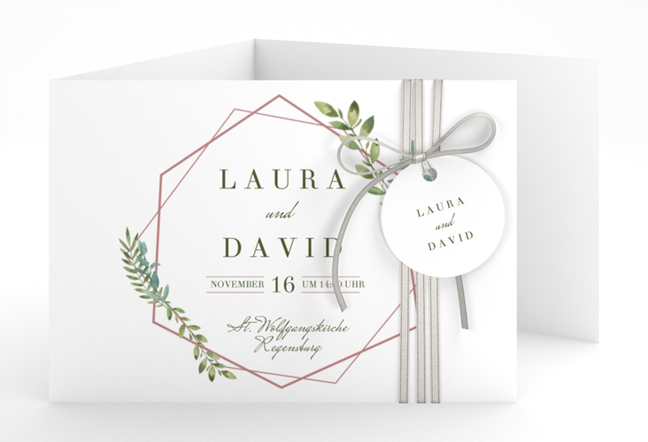 Hochzeitseinladung Herbarium A6 Doppel-Klappkarte rosa mit geometrischem Rahmen und Blätter-Dekor