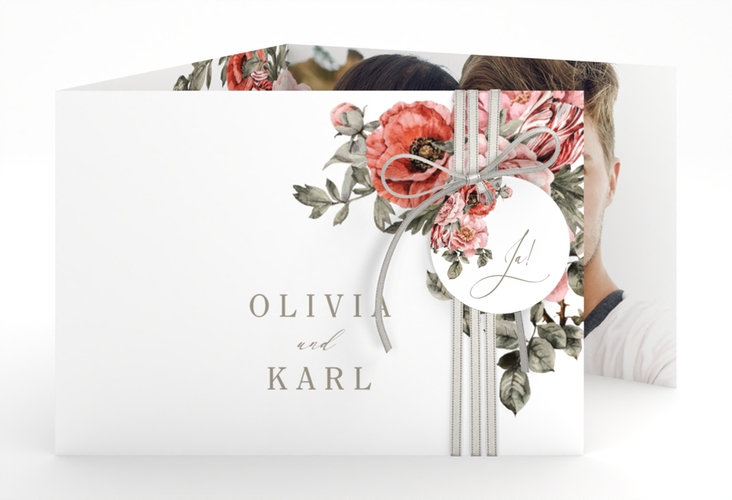 Hochzeitseinladung Grazioso A6 Doppel-Klappkarte weiss modern mit Mohnblumen und Rosen