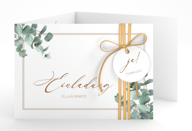 Hochzeitseinladung Eucalypt A6 Doppel-Klappkarte weiss mit Eukalyptus und edlem Rahmen