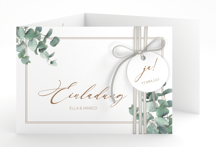 Hochzeitseinladung Eucalypt A6 Doppel-Klappkarte weiss mit Eukalyptus und edlem Rahmen