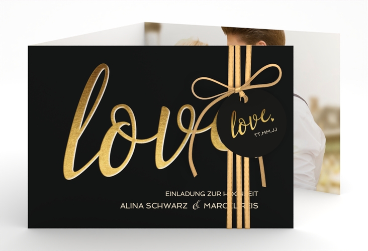 Hochzeitseinladung Glam A6 Doppel-Klappkarte schwarz hochglanz