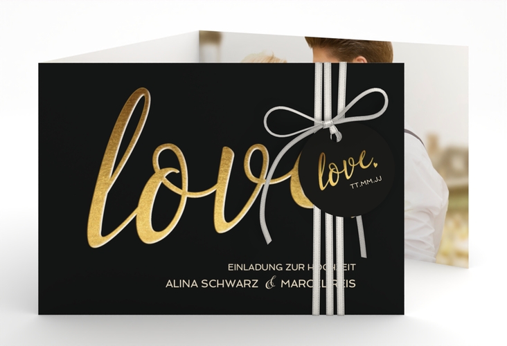Hochzeitseinladung Glam A6 Doppel-Klappkarte schwarz hochglanz